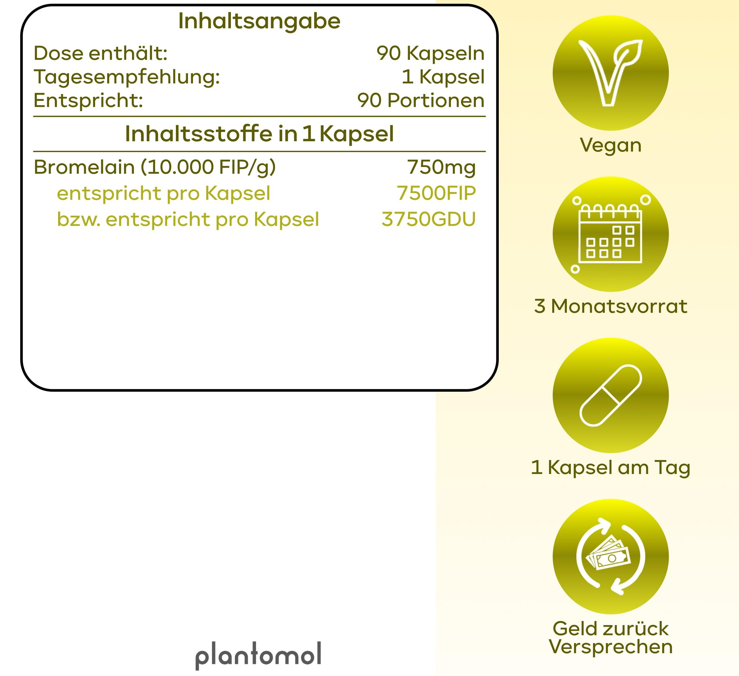 Tabellen mit Produktinformationen. Enthält: 90 Kapseln, 1 Kapsel pro Tag, 750mg Bromelain. Vegan-Logo, 3 Monatsvorrat, 1 Kapsel pro Tag, Geld-zurück-Versprechen.
