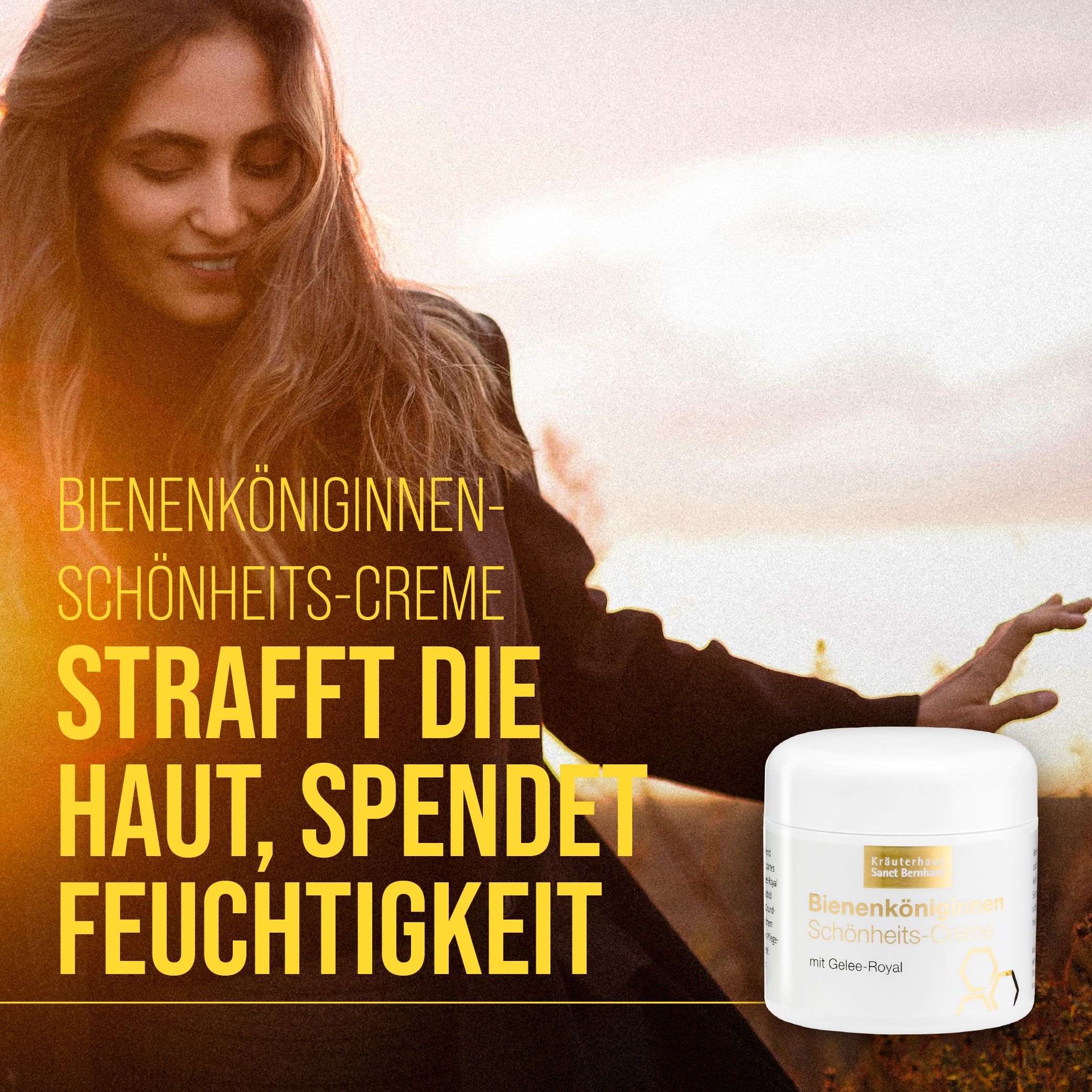 Frau mit Creme-Tiegel. Text: Bienenköniginnen-Schönheits-Creme strafft die Haut, spendet Feuchtigkeit.