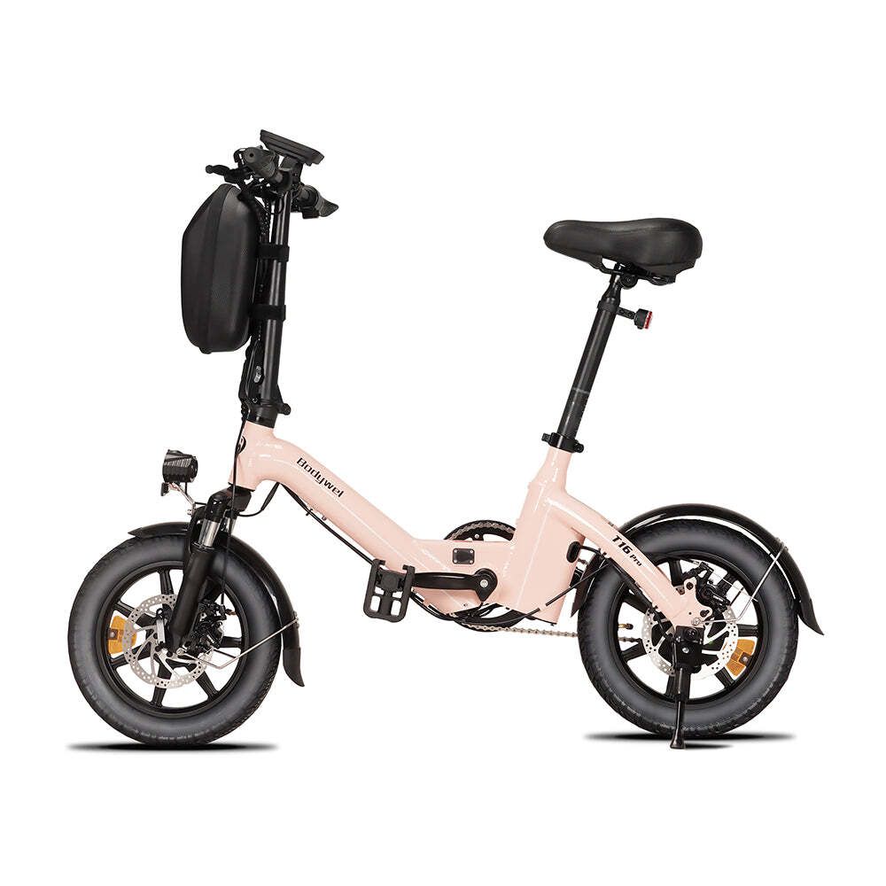 Faltbares E-Bike in Rosa. Schwarze Reifen, Sattel und Schutzbleche. Marke: Bodywel, Modell: T16 Pro.