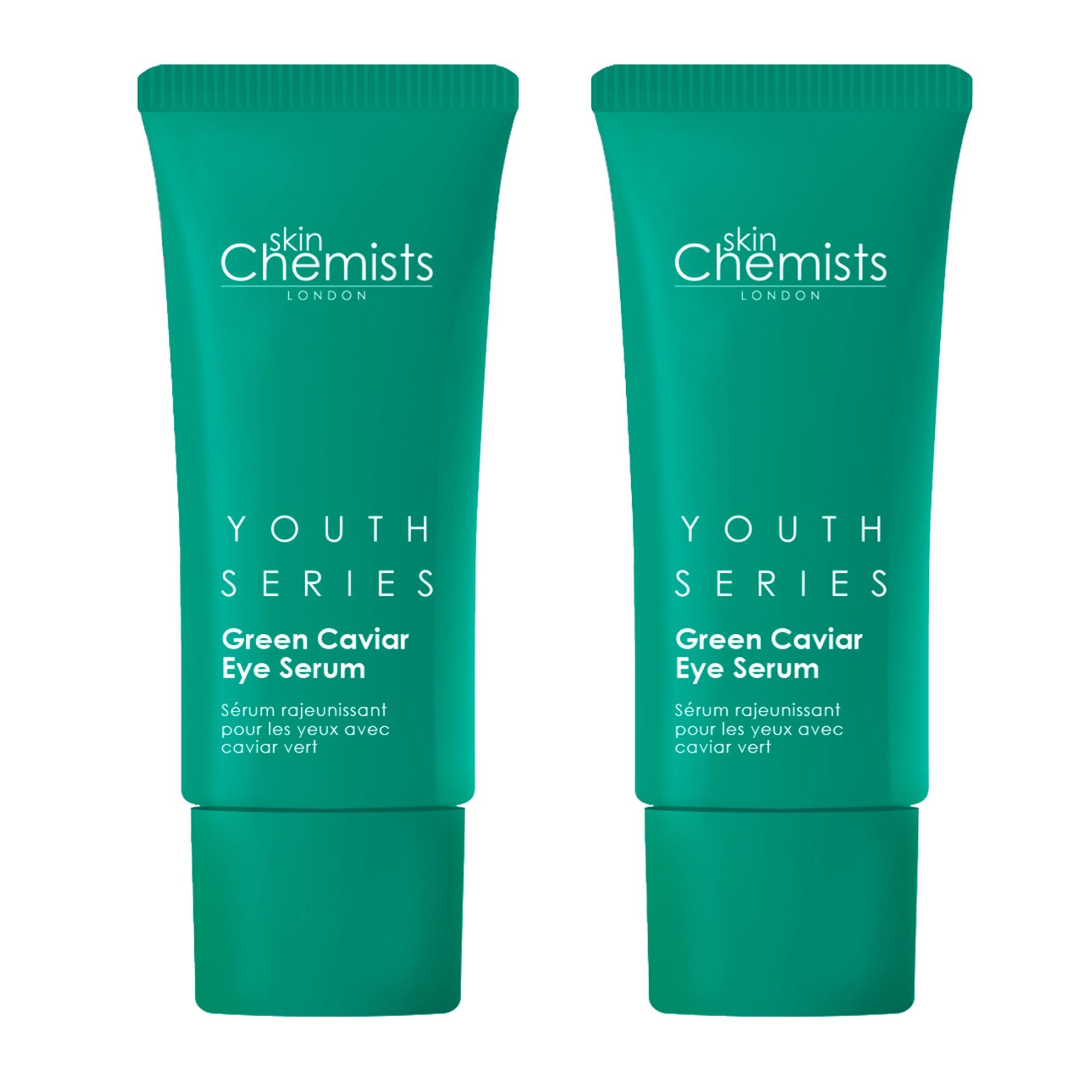 Zwei grüne Tuben SkinChemists Jugendserie Grünes Kaviar Augenserum. Aufschrift: Youth Series, Green Caviar Eye Serum.