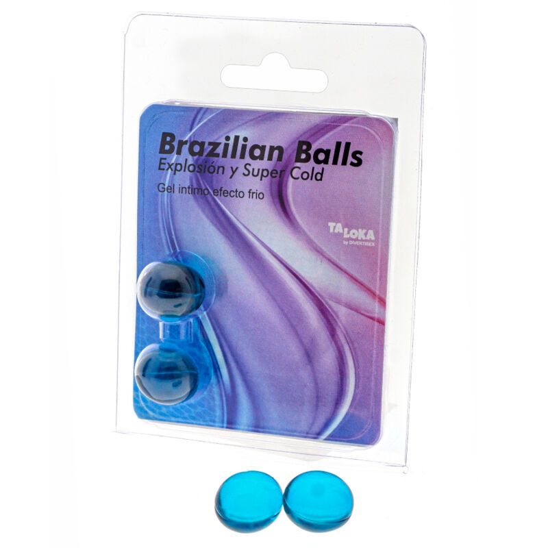 Verpackung mit zwei blauen Kugeln und zwei flachen, runden Scheiben. Aufschrift: Brazilian Balls, Gel íntimo efecto frío. Marke: Taloka.