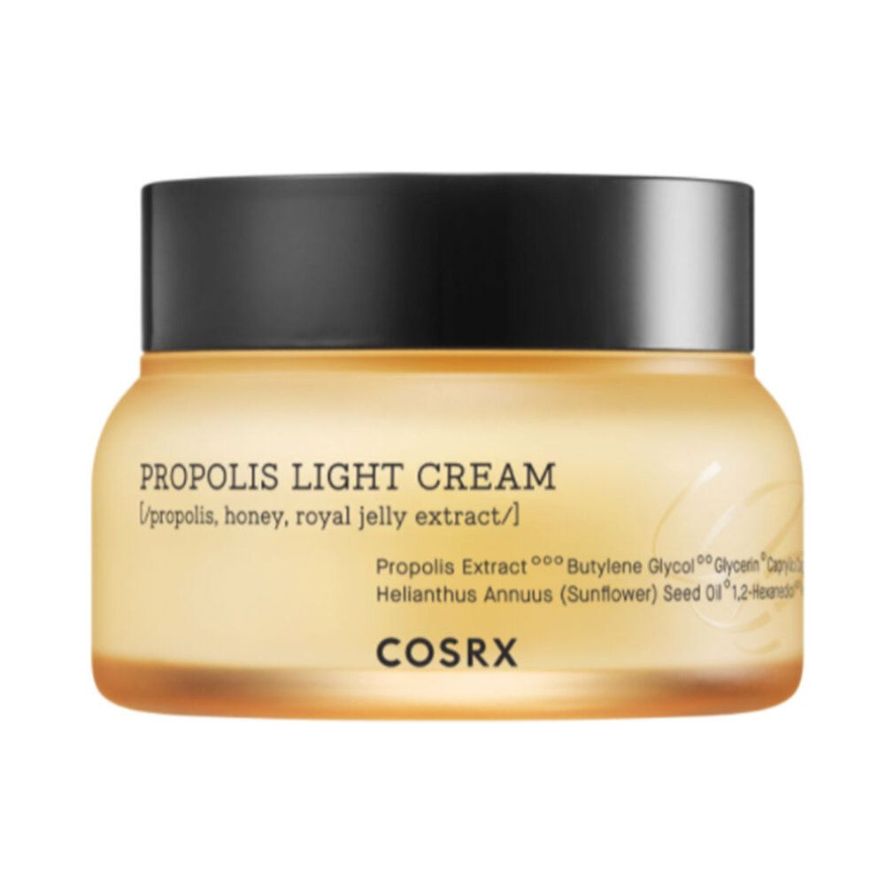 Beige Creme-Tiegel mit schwarzem Deckel. Aufschrift: PROPOLIS LIGHT CREAM, COSRX. Inhaltsstoffe und Markenname sichtbar.