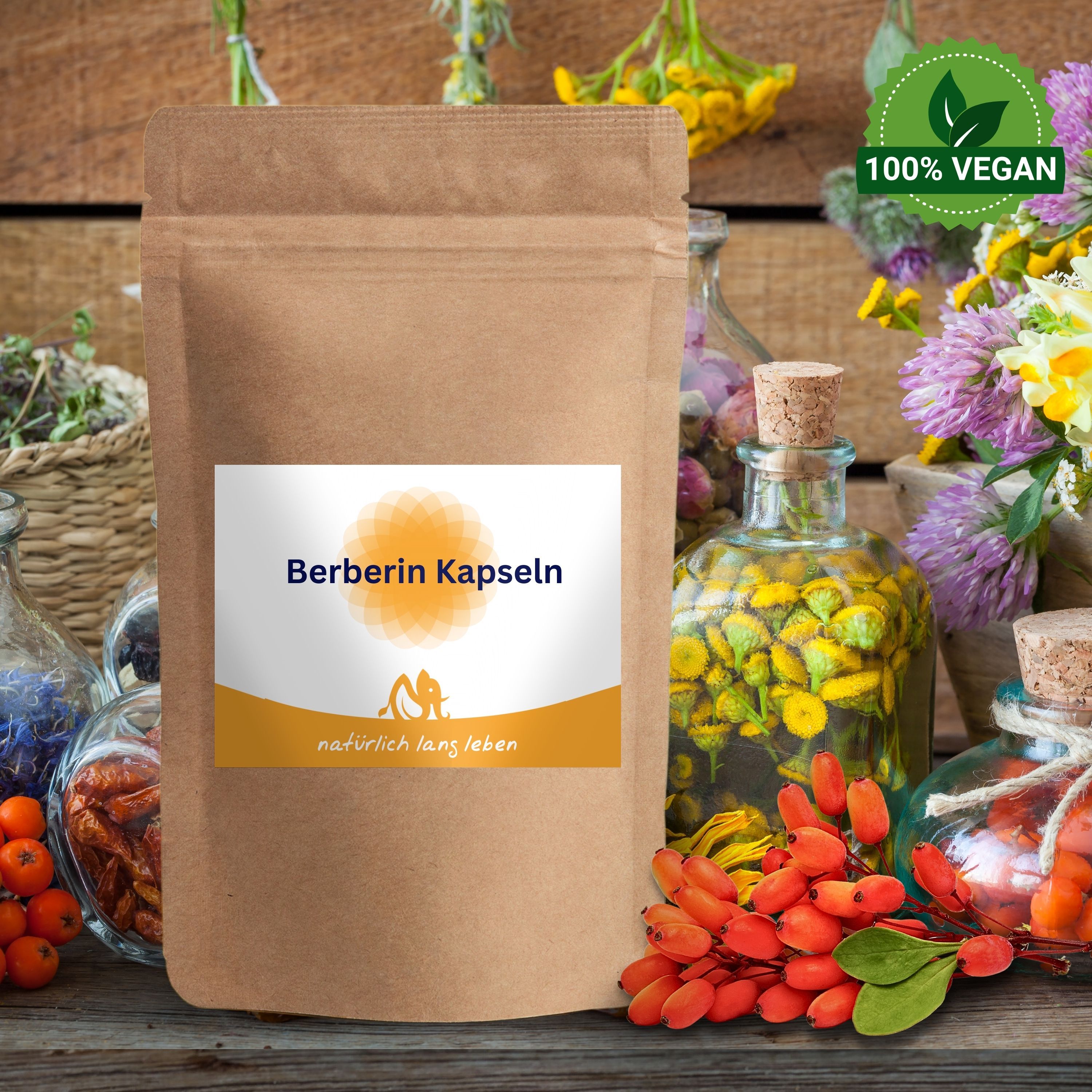 Braune Papierverpackung mit Etikett. Aufschrift: Berberin Kapseln. Logo: Sonne und Schriftzug natürlich lang leben. Hintergrund: Kräuter.