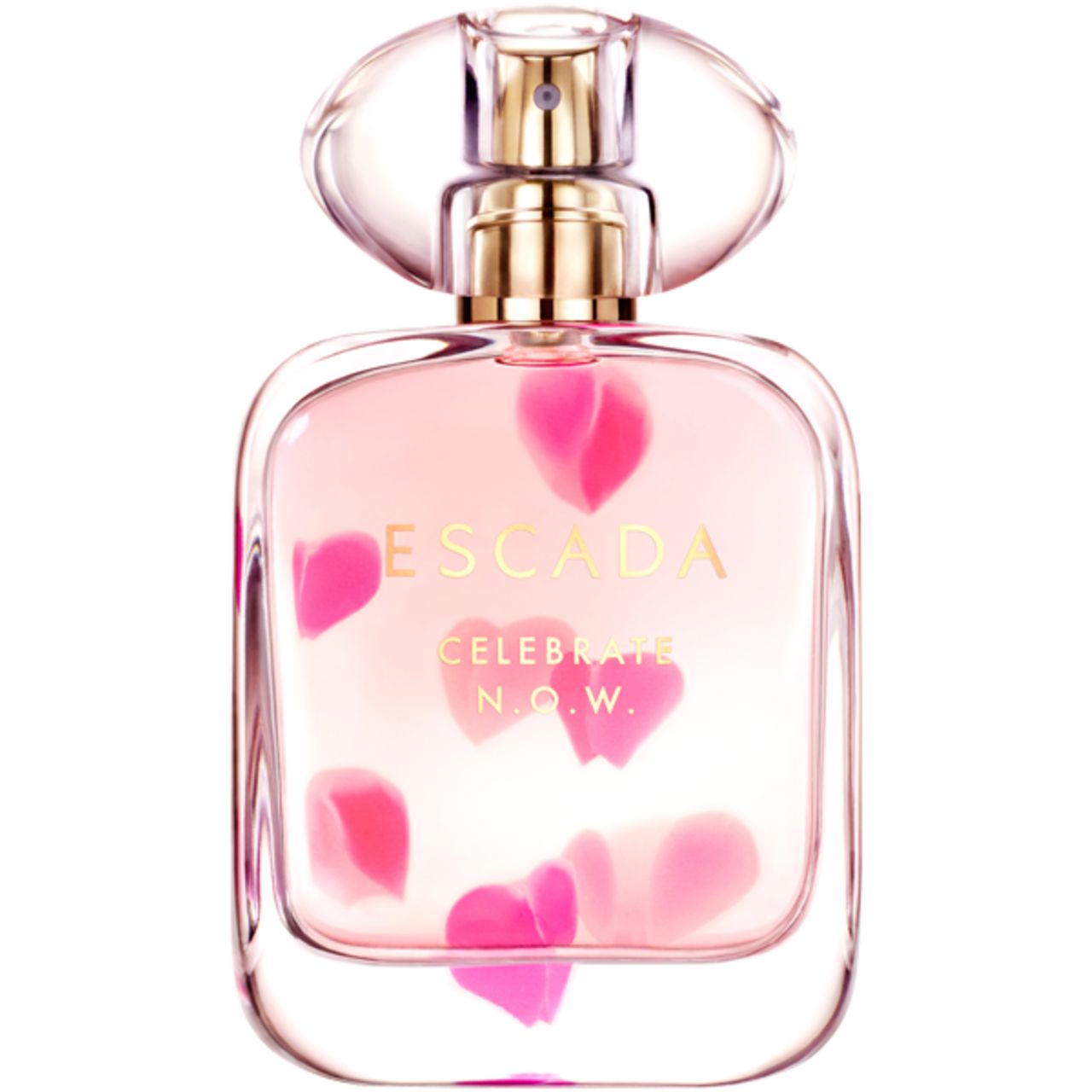 Parfümflakon mit rosa Flüssigkeit und Blütenblättern. Goldener Zerstäuber. Aufschrift: ESCADA CELEBRATE N.O.W.