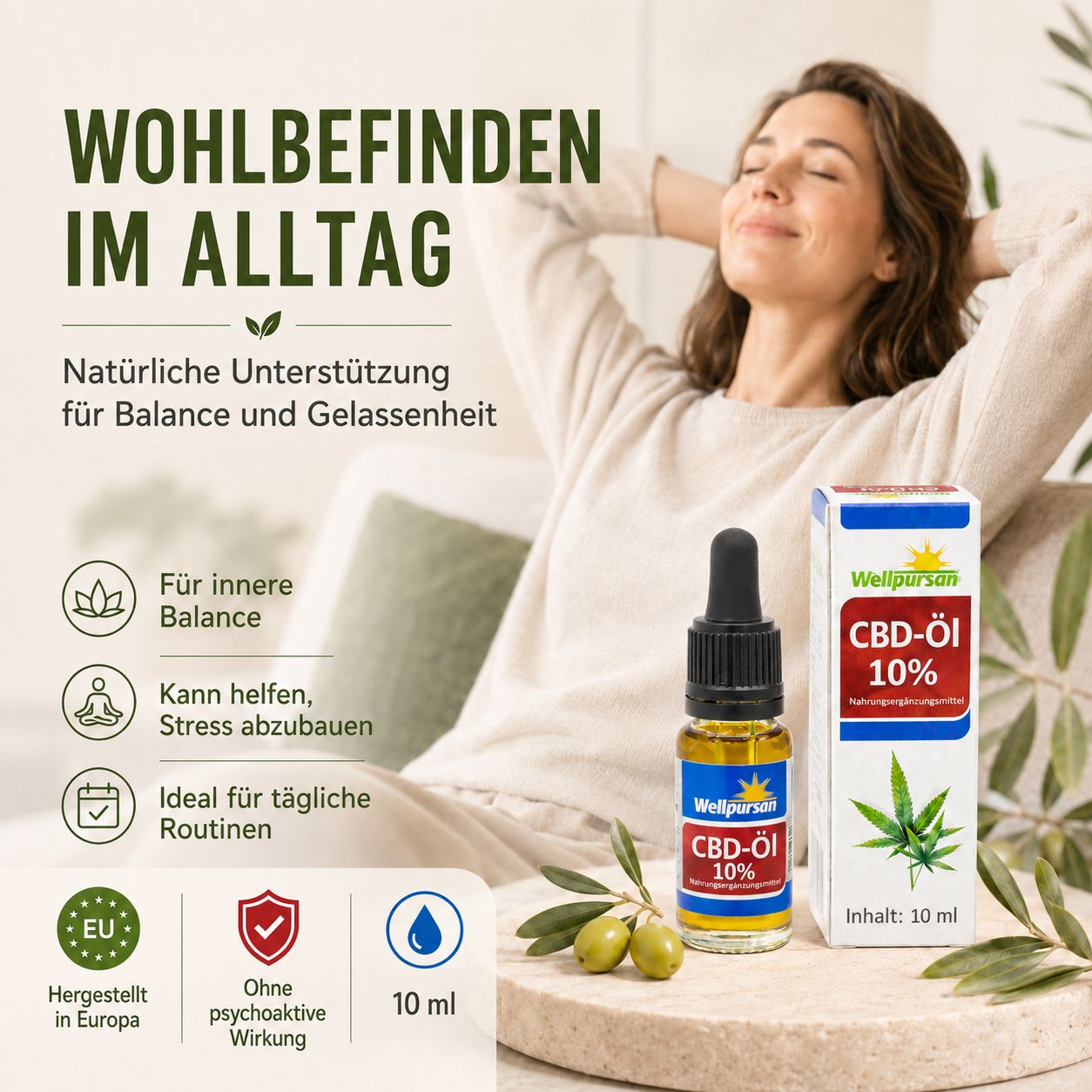 Wellpursan CBD-Öl 10% Flasche mit Pipette, Faltschachtel, Frau liest, Icons für Ruhe, Balance, Abendroutine.