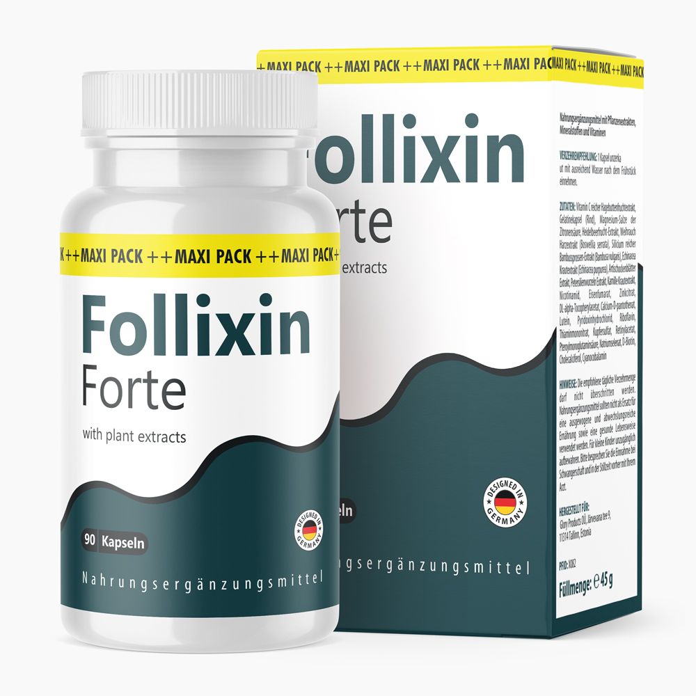 Follixin Forte Kapseln-Packung und Flasche. Weiße Flasche mit Kapseln, Etikett mit Produktnamen und Inhaltsangaben. Karton mit Produktnamen.