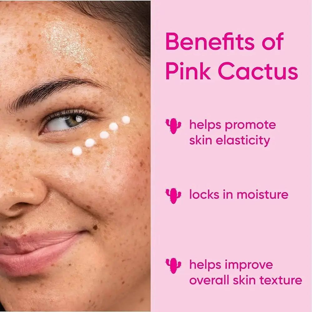 Nahaufnahme eines Gesichts mit Creme aufgetragen. Text: Vorteile von Pink Cactus.