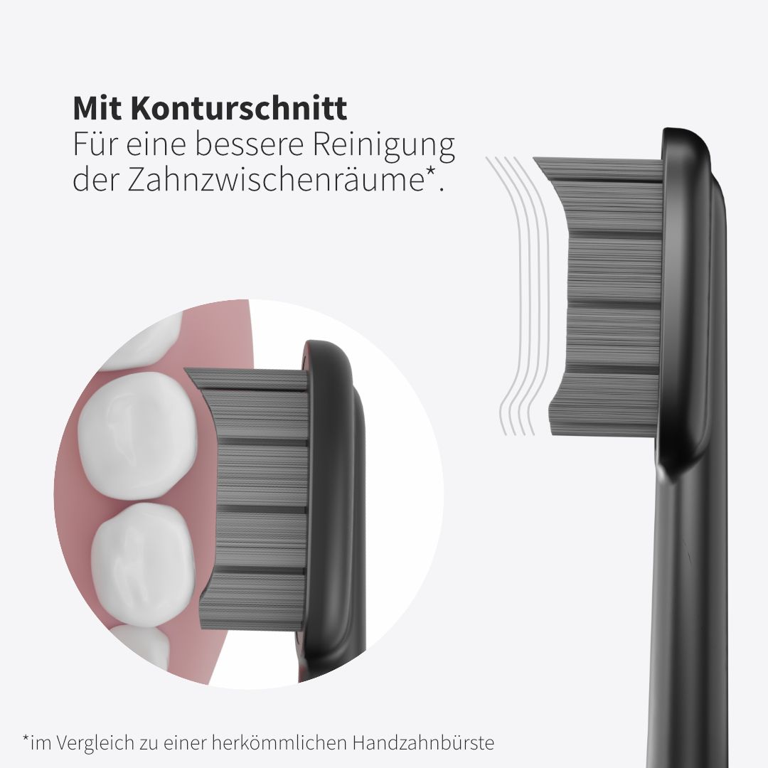 Schwarzer Bürstenkopf mit grauen Borsten. Text: Mit Konturschnitt. Für eine bessere Reinigung der Zahnzwischenräume.