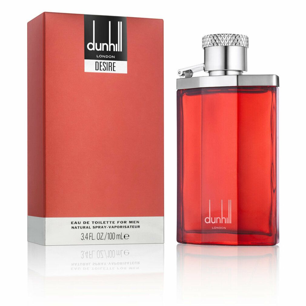 Rotes Parfümflakon und Schachtel. Flakon mit silbernem Verschluss. Text: Dunhill London Desire, Eau de Toilette, 100ml.