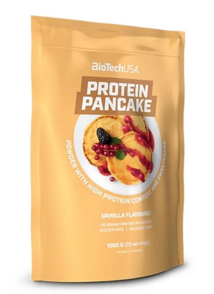 Beutel mit BioTechUSA Protein Pancake, Vanillegeschmack. Abbildung von Pfannkuchen mit Topping. 1000g Packung.