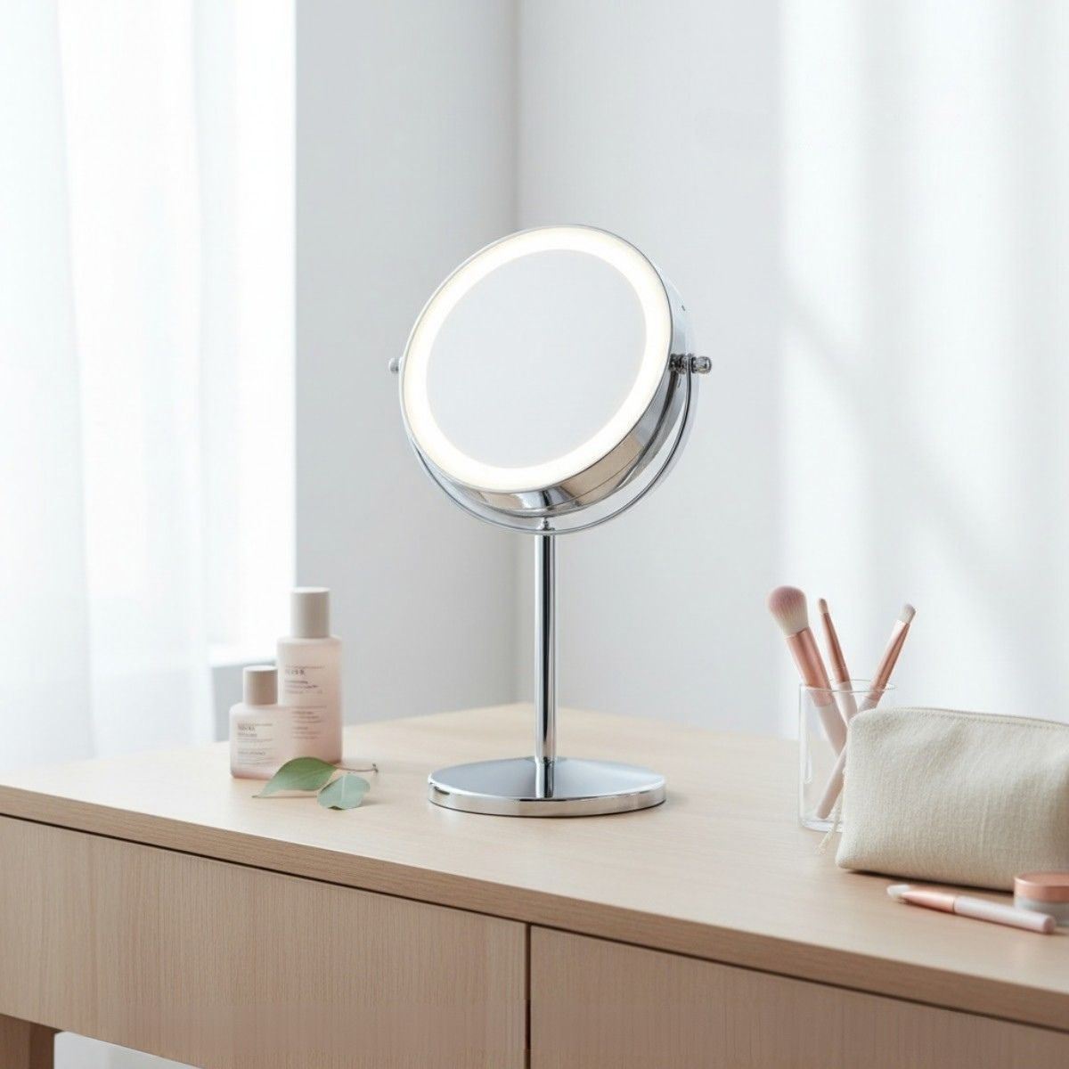Runder Schminkspiegel mit LED-Beleuchtung auf einem Tisch mit Kosmetik.