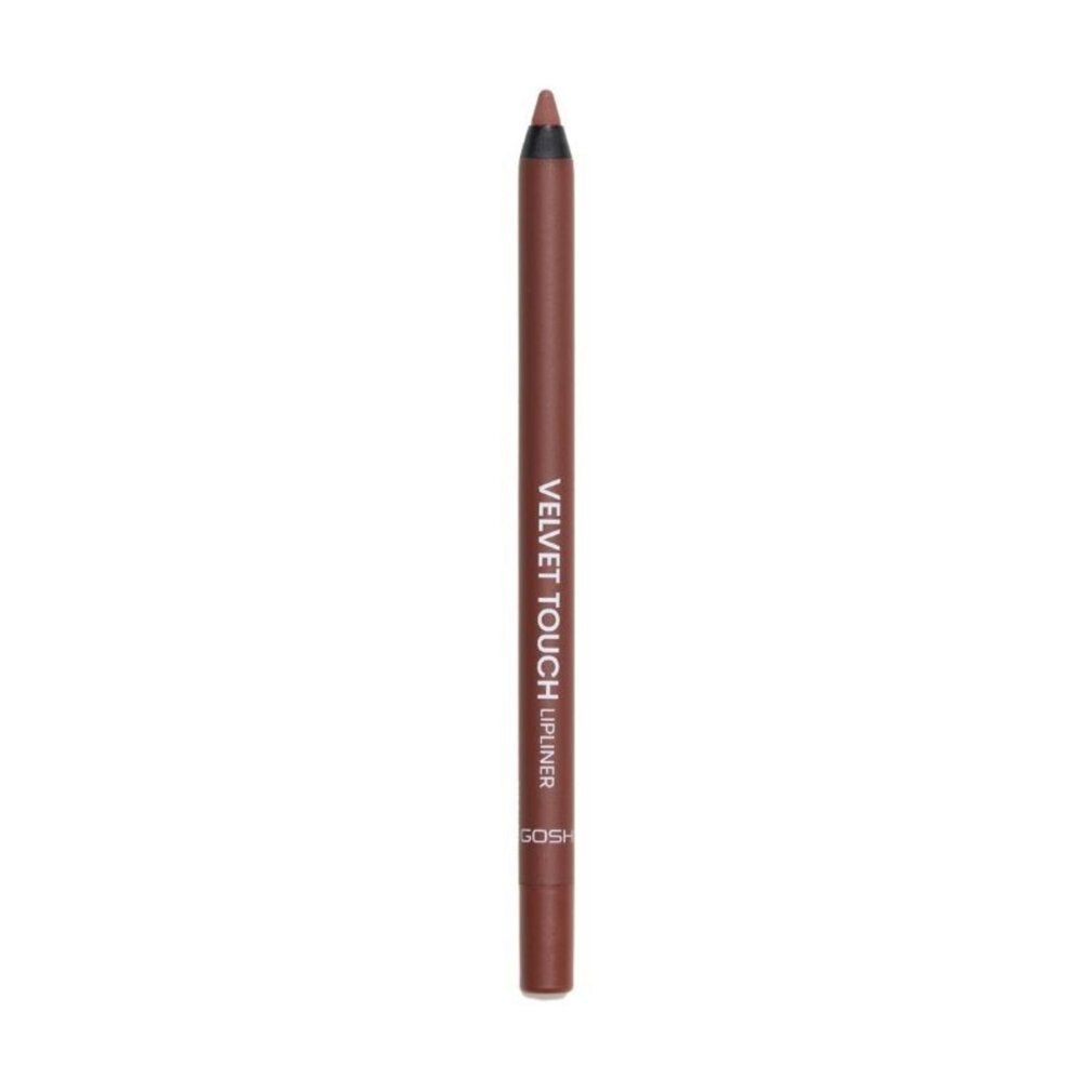 Brauner Liplinerstift mit schwarzer Spitze. Aufschrift: Velvet Touch Lipliner. Marke: GOSH.