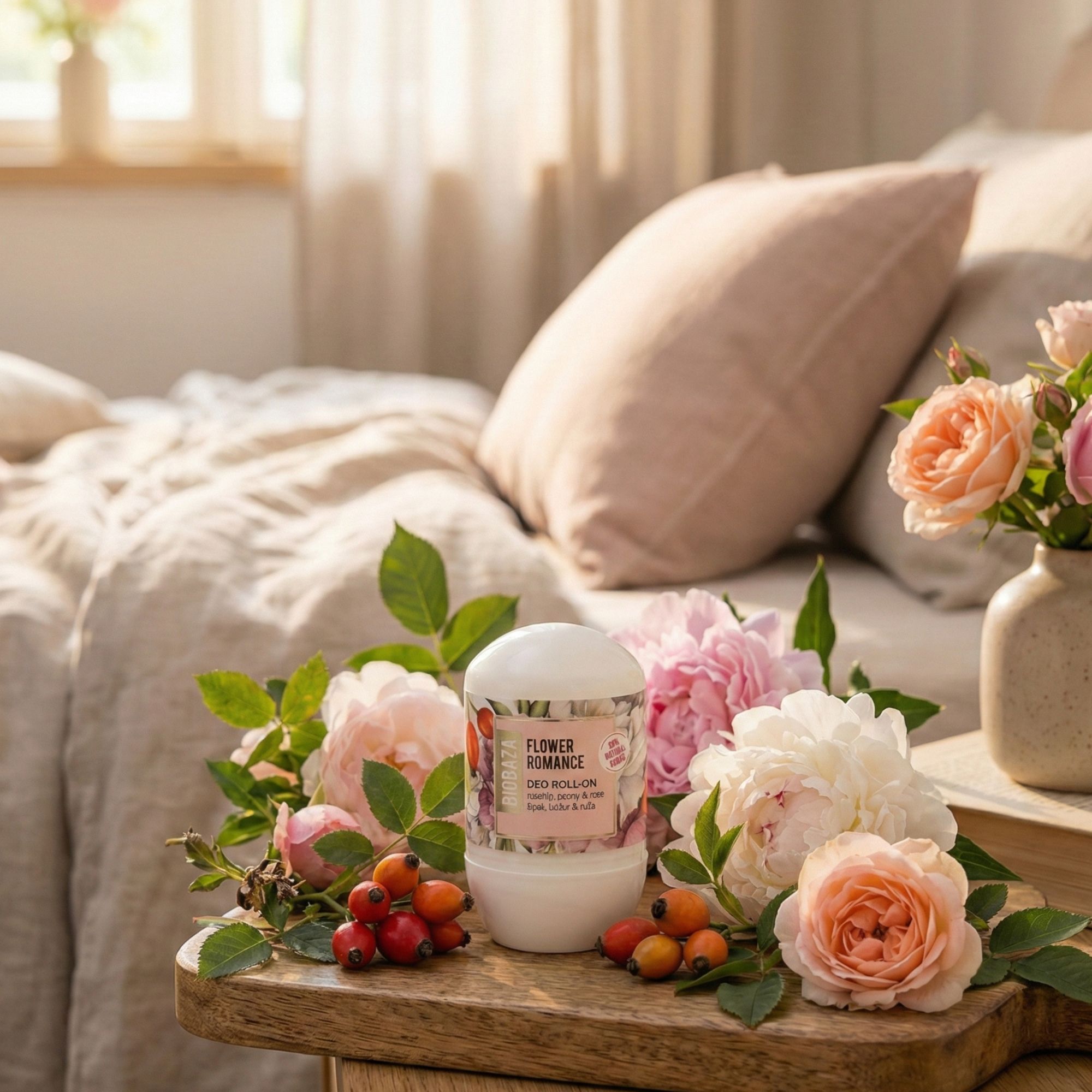 Weißer Deo Roll-on mit floralem Etikett. Auf Holzbrett, umgeben von Blumen. Aufschrift: Flower Romance, Deo Roll-on.