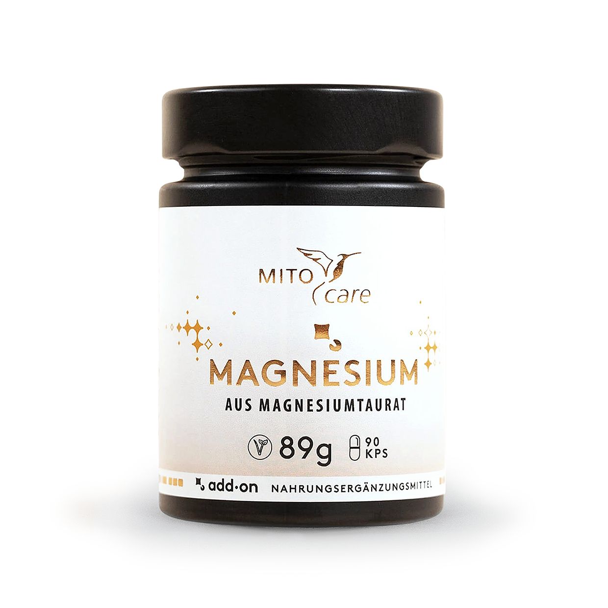 MITOcare Magnesium Kapseldose mit schwarzem Deckel. Weißes Etikett mit goldener Schrift und Vogel-Logo.