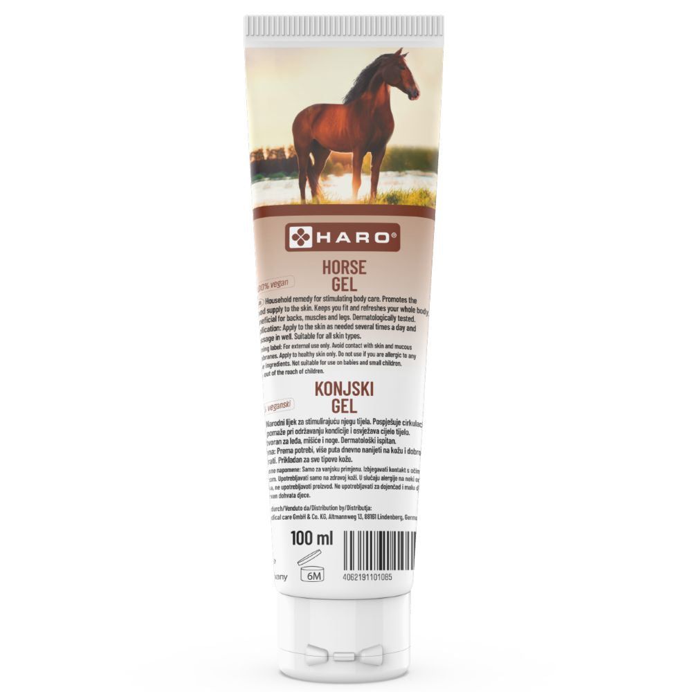 Tube mit Pferde-Abbildung. Text: HARO Horse Gel. Braune Tube mit weißem Deckel. Text: 100 ml.