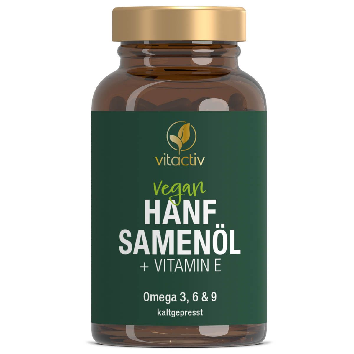 Braune Glasflasche mit grüner Aufschrift: Vitactiv Vegan Hanfsamenöl + Vitamin E. Enthält Omega 3, 6 & 9.