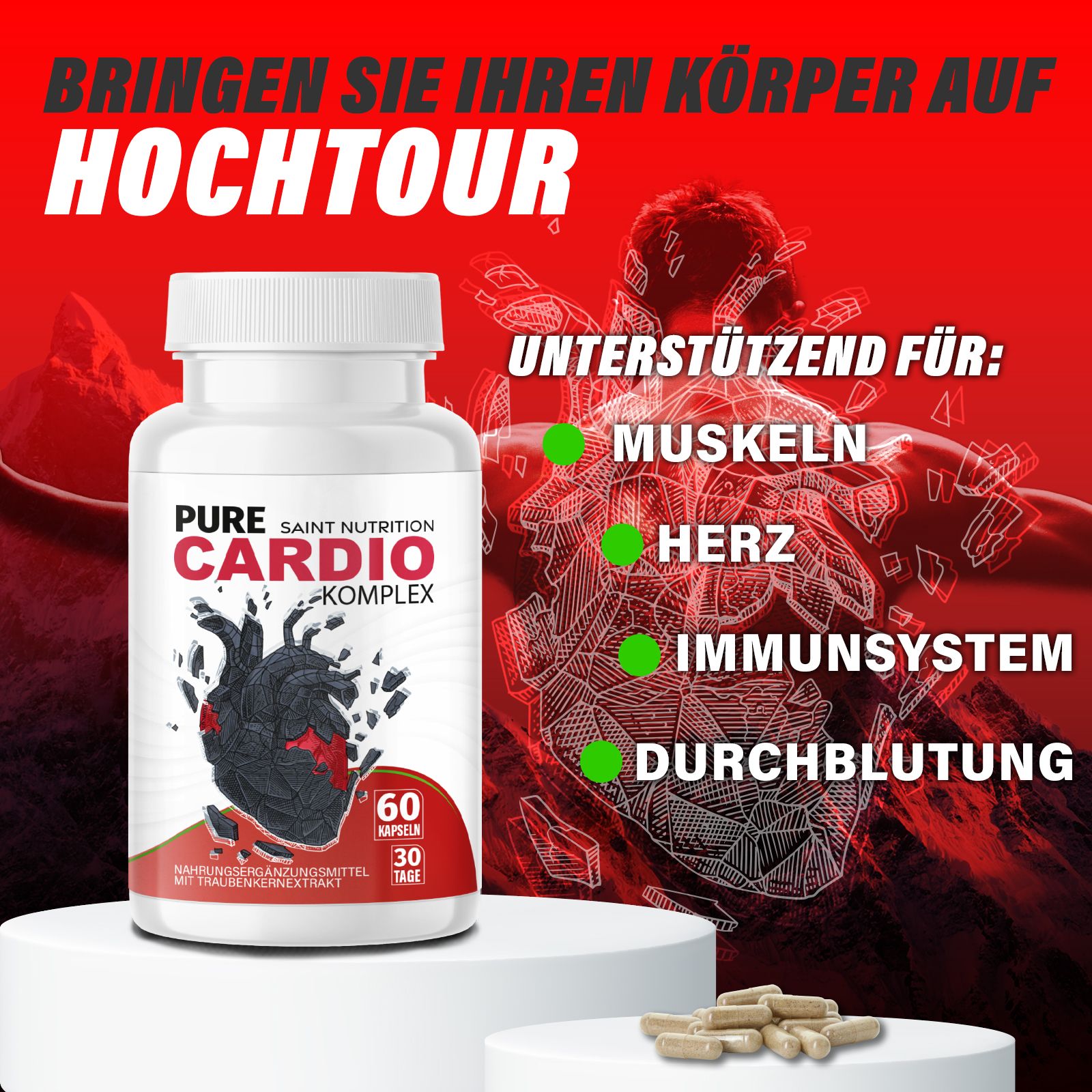 Flasche mit Kapseln auf Podest. Roter Hintergrund. Text: UNTERSTÜTZEND FÜR: MUSKELN, HERZ, IMMUNSYSTEM, DURCHBLUTUNG. 60 Kapseln, 30 Tage.