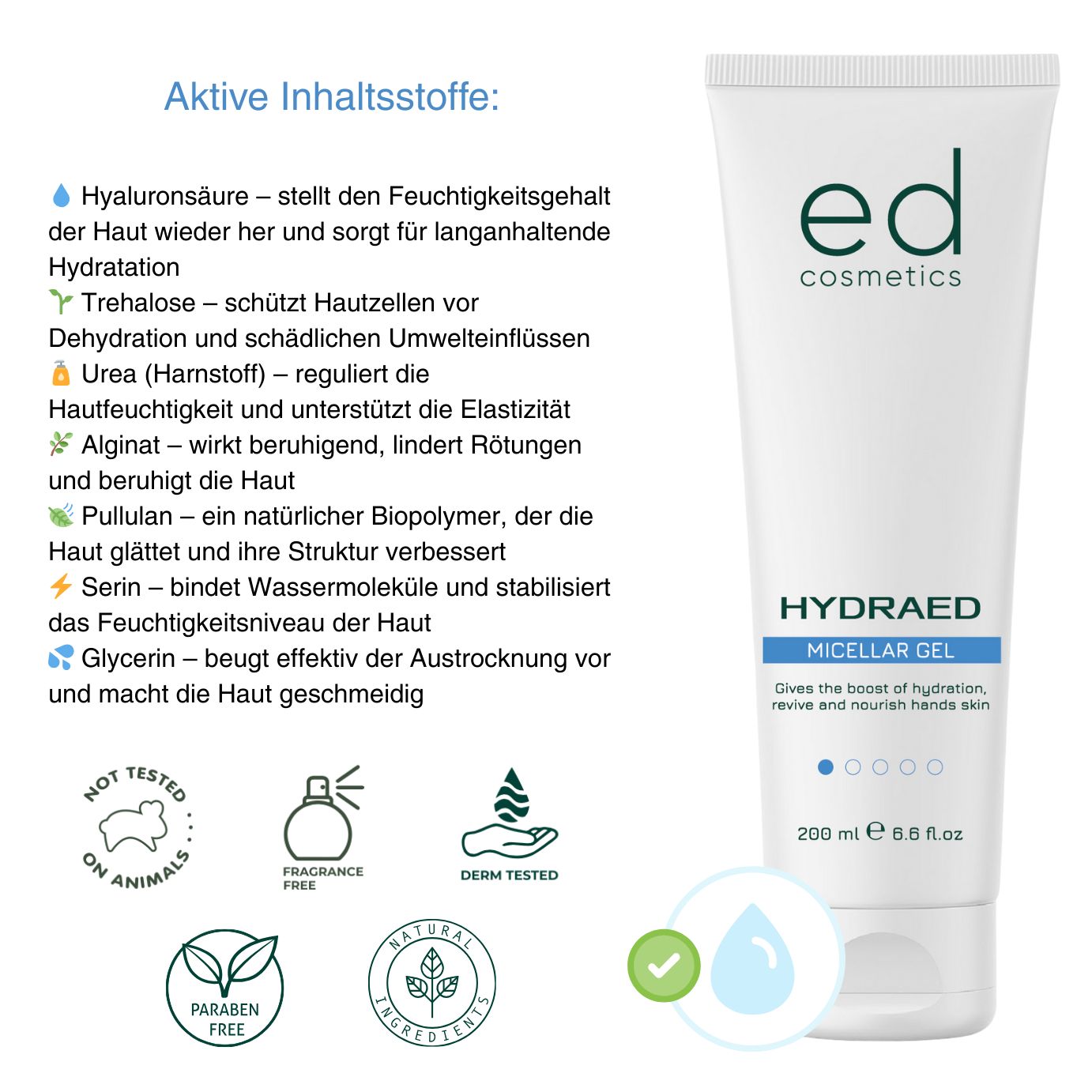 ED COSMETICS HydraED MIZELLEN-GEL  – SANFTE REINIGUNG & Feuchtigkeit – für empfindliche Haut täglich