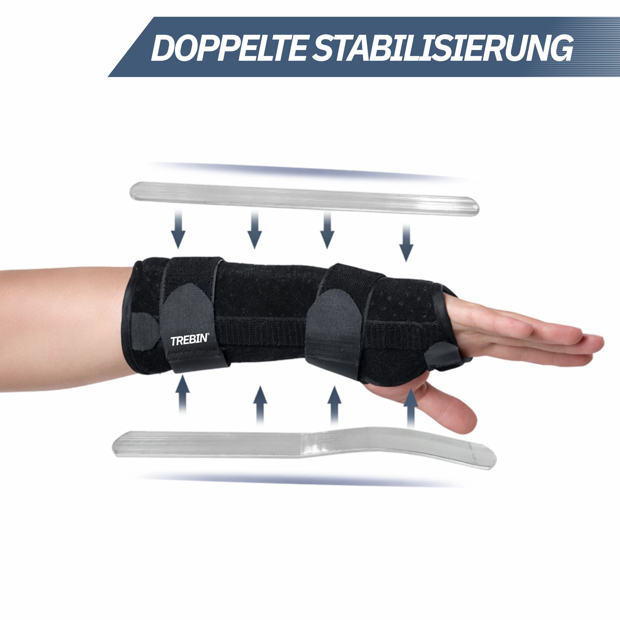 Schwarze Handgelenkbandage mit zwei stabilisierenden Metalleinlagen, oben und unten.