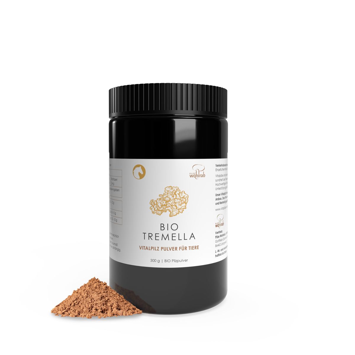 Schwarze Dose mit weißem Etikett. BIO TREMELLA Pulver für Tiere. Daneben braunes Pulver.