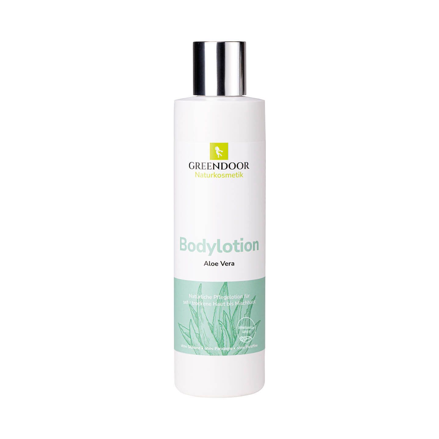 GREENDOOR Bodylotion Aloe Vera in weißer Flasche mit silbernem Verschluss und Aloe-Vera-Illustration.