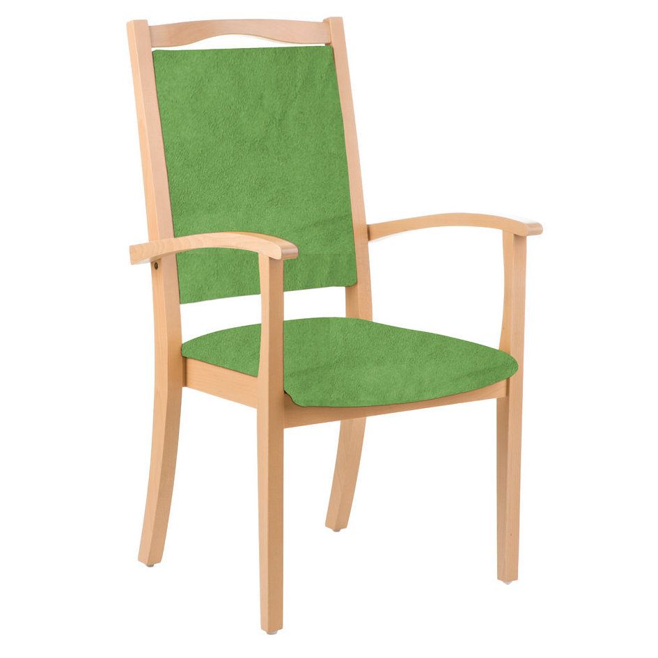 Seniorenstuhl mit Armlehnen. Holzrahmen, grüne Sitz- und Rückenfläche. Hochlehner.