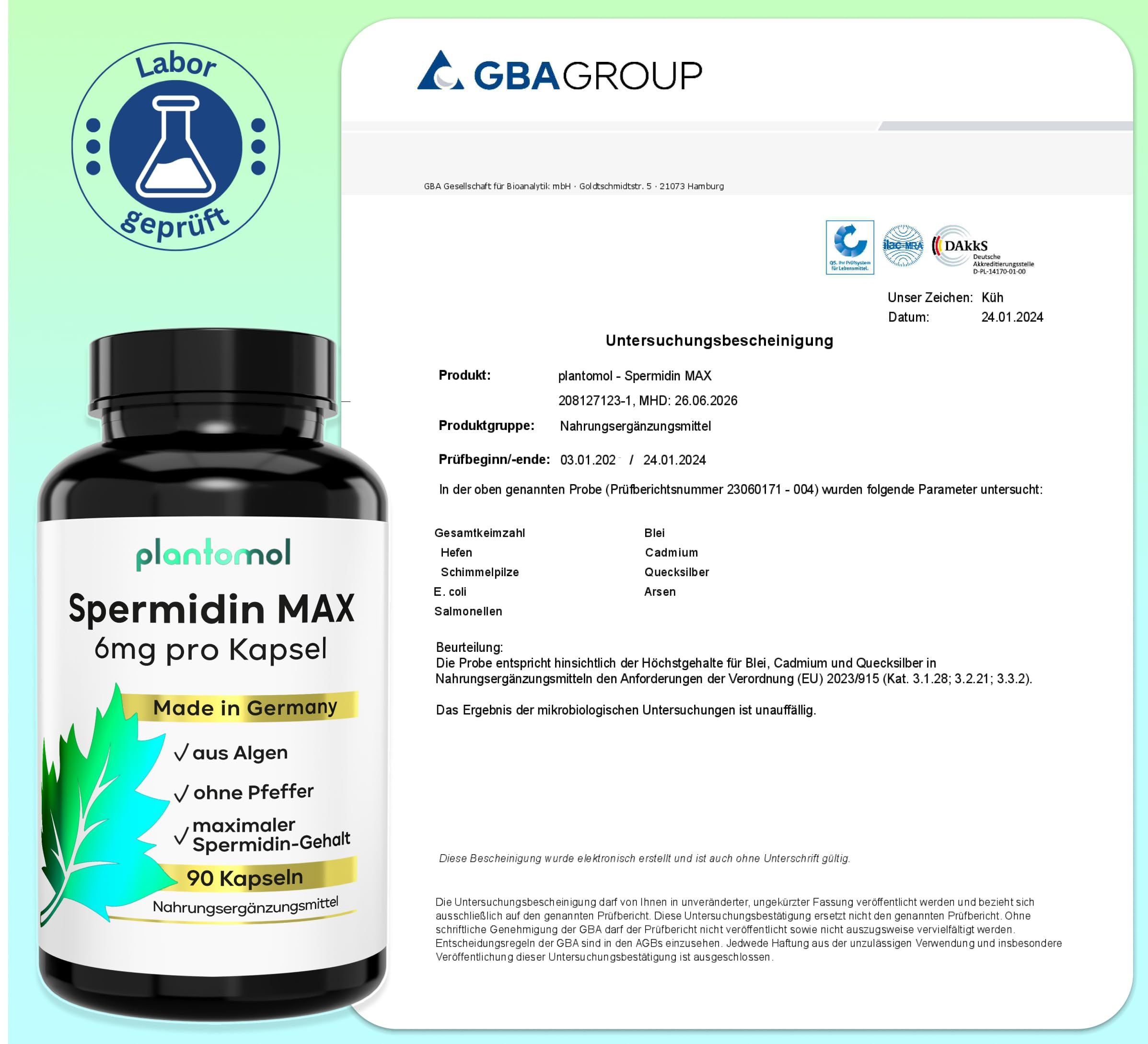 GBA-Zertifikat und Flasche mit Spermidin MAX Kapseln. Text: Laborgeprüft, getestet auf Schwermetalle und Schadstoffe.