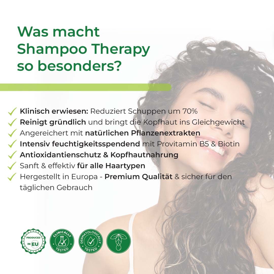 Biostile Shampoo-Therapie. Text: Reduziert Schuppen um 70%, reinigt, feuchtigkeitsspendend, etc.