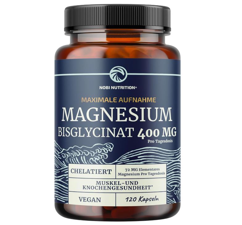 Frau nimmt 400mg cheliertes Magnesiumglycinat (gepuffert) pro Portion ein.