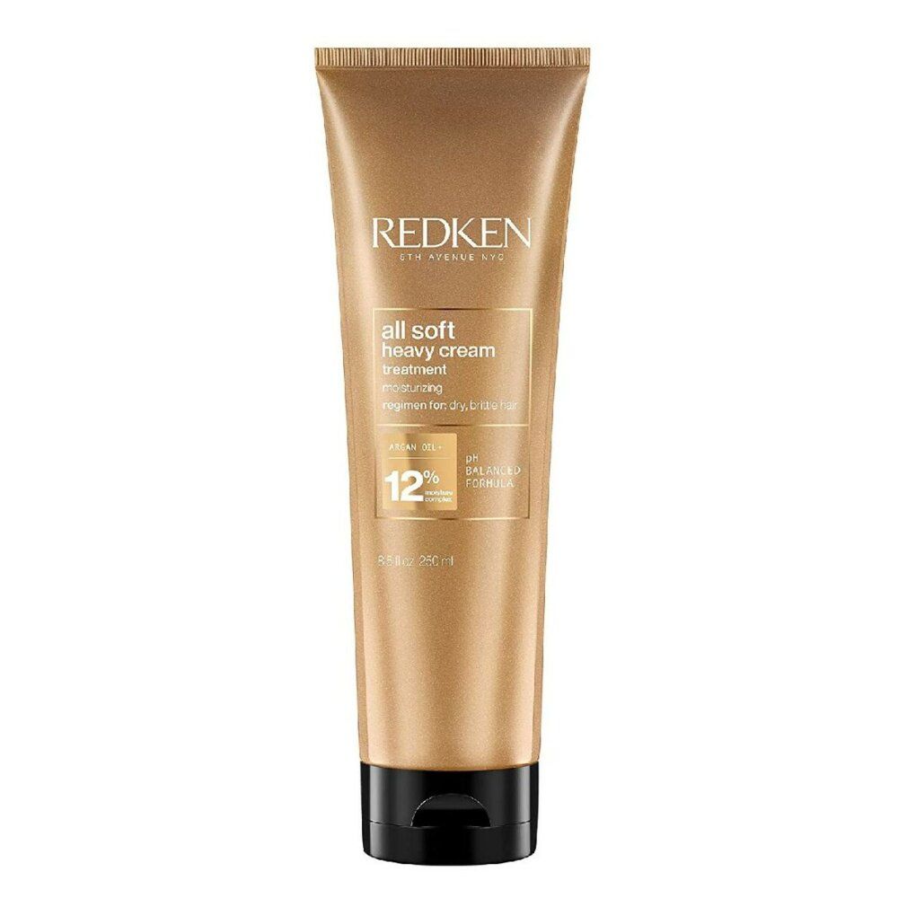 Goldfarbene Tube mit schwarzem Deckel. Aufschrift: REDKEN, all soft heavy cream. Enthält 12% Moisture Complex. pH-ausgeglichene Formel.