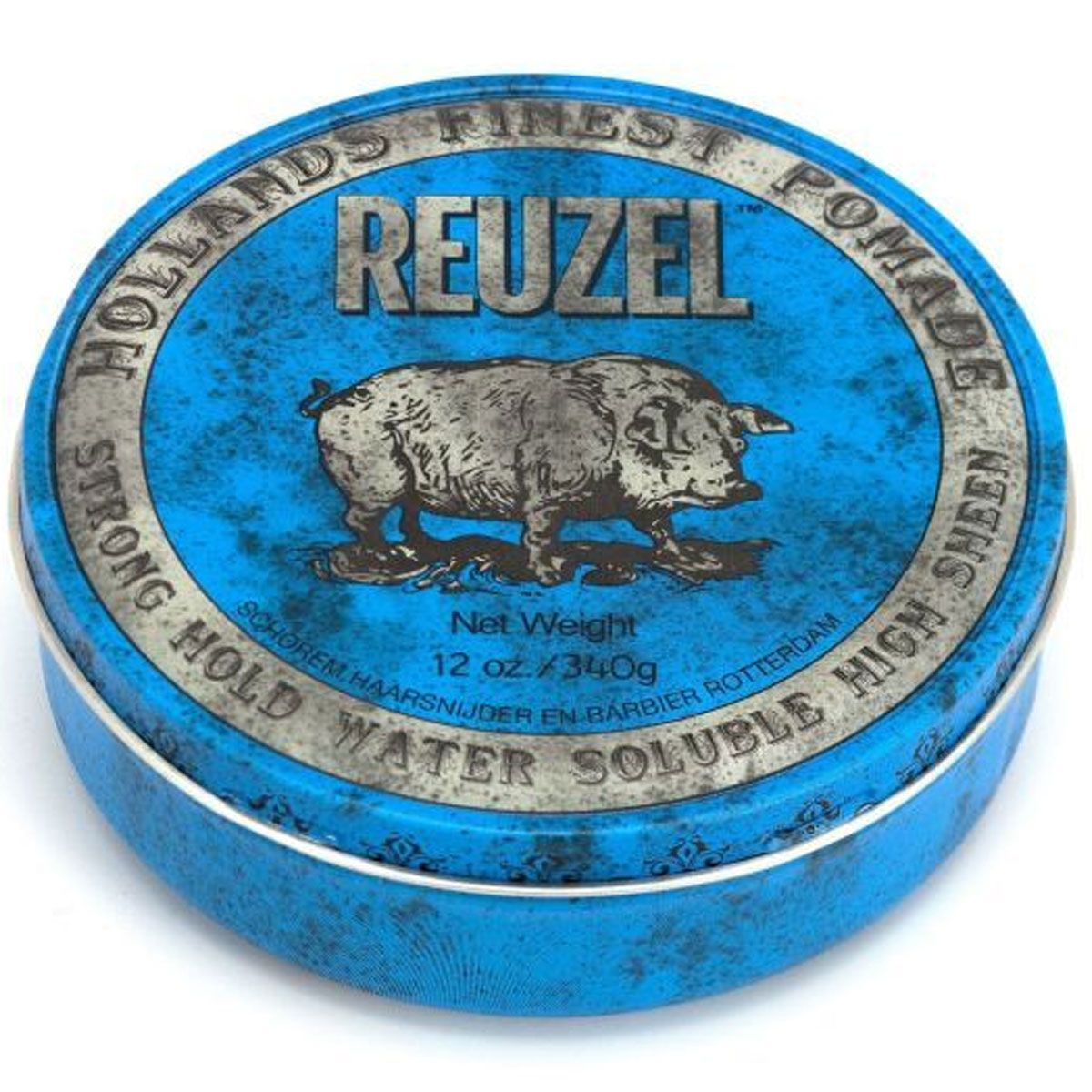 Reuzel Strong Hold High Sheen Pomade in blauer Dose mit Schweinedesign. Wasserlöslich.