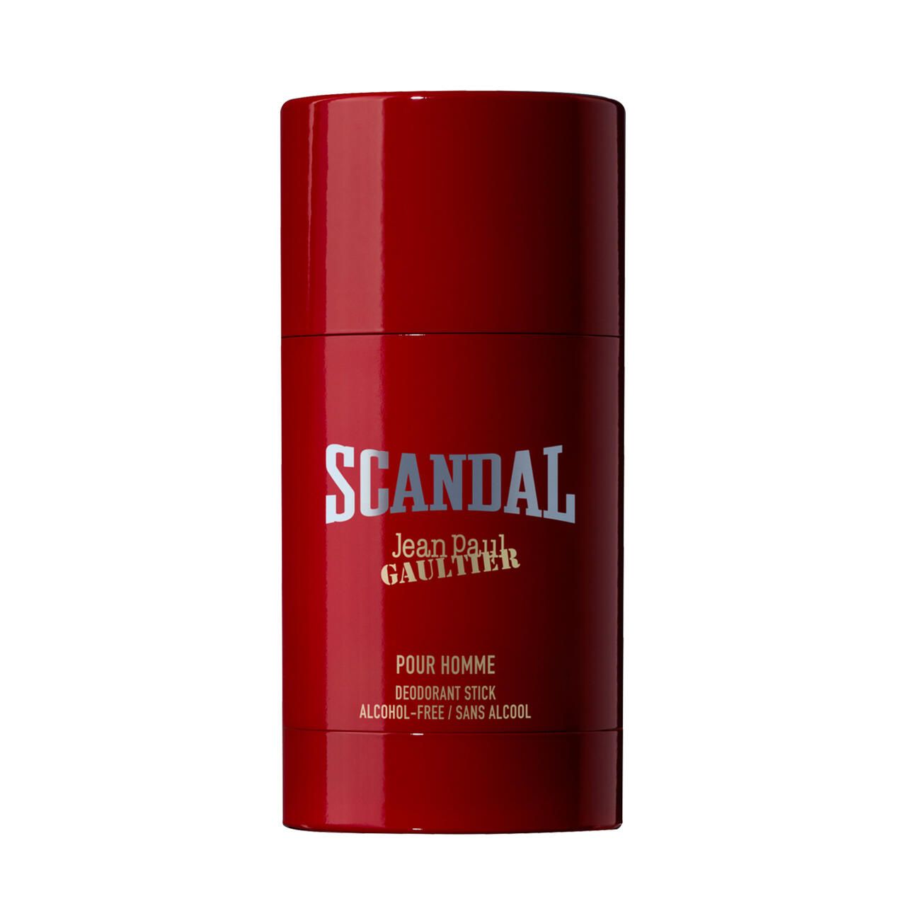 Roter Deostift. Aufschrift: SCANDAL, Jean Paul Gaultier, POUR HOMME, Deodorant Stick, ALCOHOL-FREE / SANS ALCOOL.