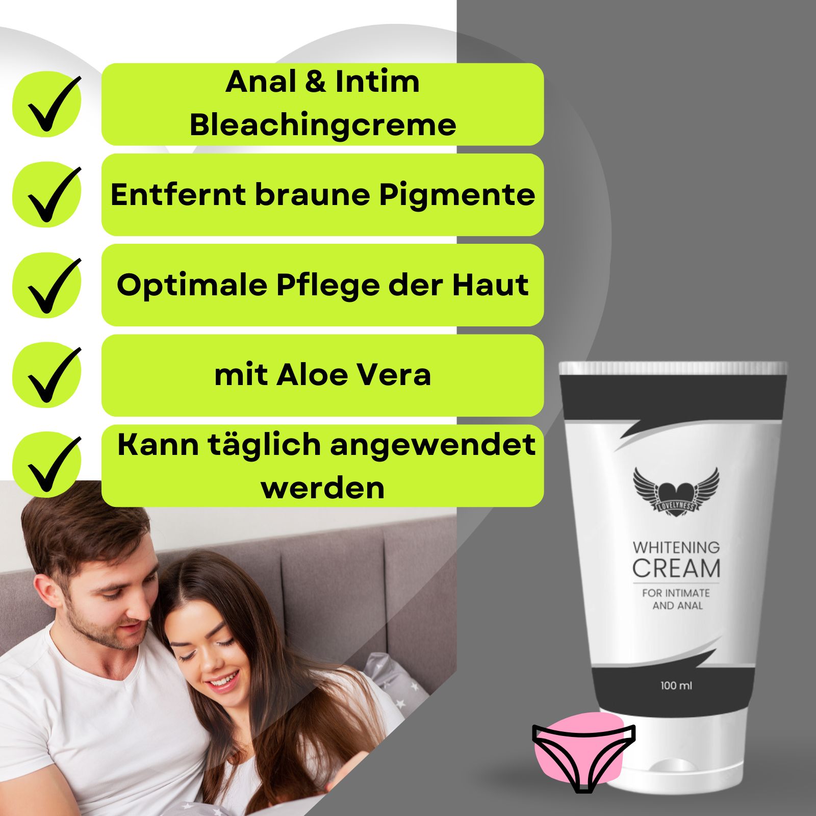 Creme-Tube mit Text. Enthält Text: Whitening Cream. Für Intim- und Analbereich. Mit Logo. 100 ml. Abbildung eines Paares.
