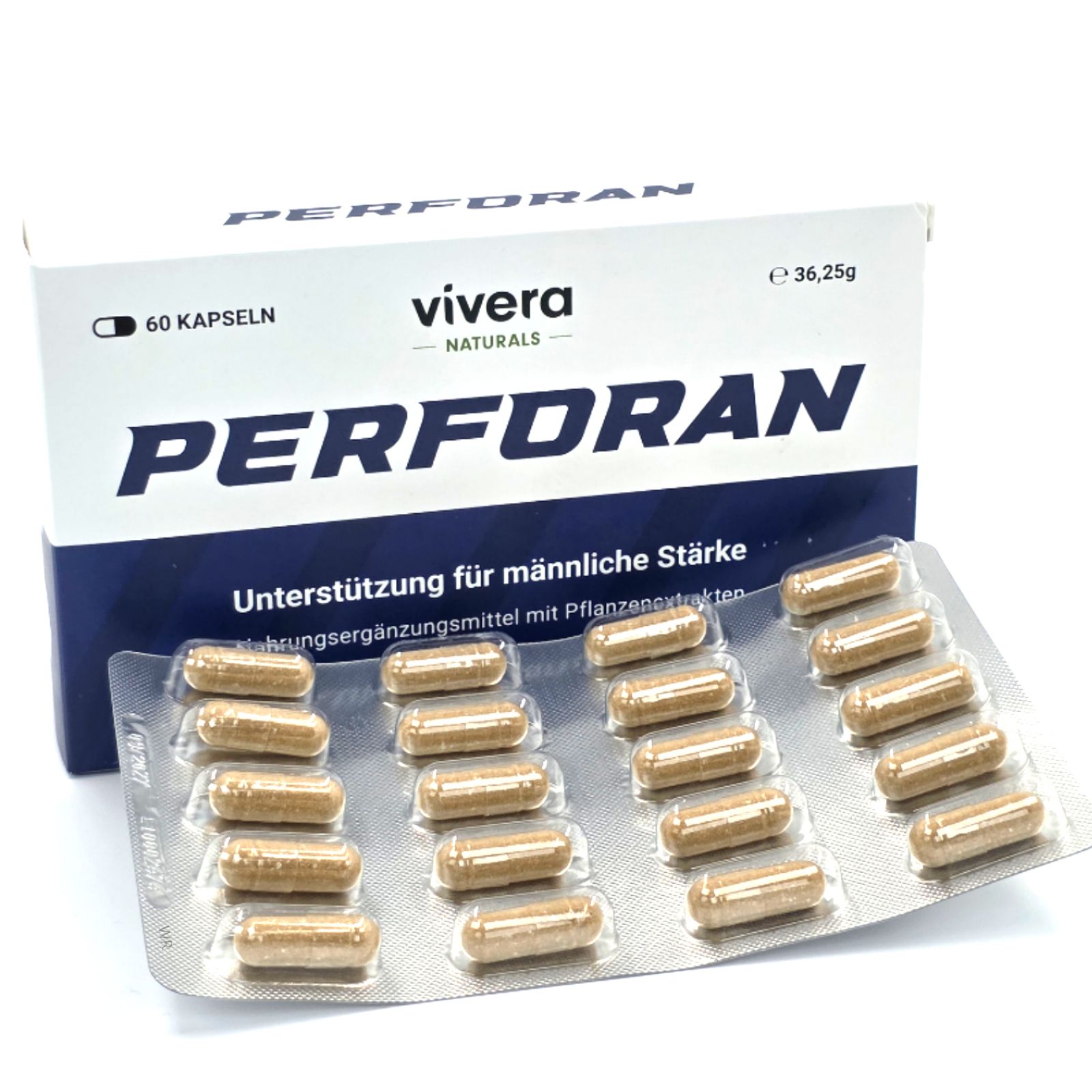 Packung "PERFORAN" mit Blisterpackung. 60 Kapseln. "Vivera Naturals" Logo. Text: Unterstützung für männliche Stärke. Kapseln sichtbar.