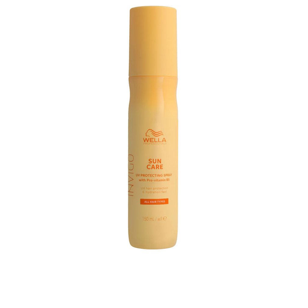 Gelb-oranges Spray. Aufschrift: Wella Invigo Sun Care. UV-Schutzspray. Für alle Haartypen. 150 ml.