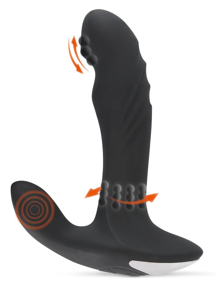 Schwarzer Plug mit weißem Akzent. Pfeile zeigen Vibrations- und Rotationsbewegungen an. Auf weißem Hintergrund.