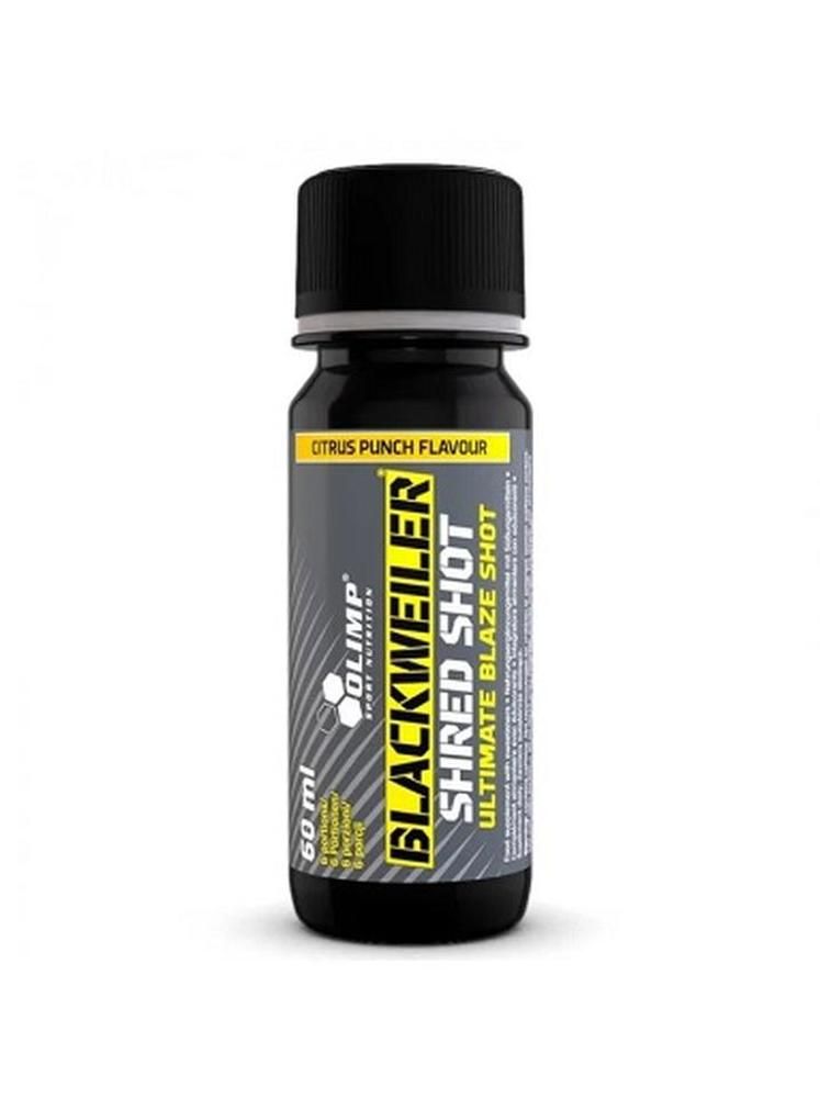 Schwarze Flasche mit gelbem Etikett. Aufschrift: Blackweiler Shred Shot, 60 ml. Deckel schwarz. Citrus Punch Flavour.