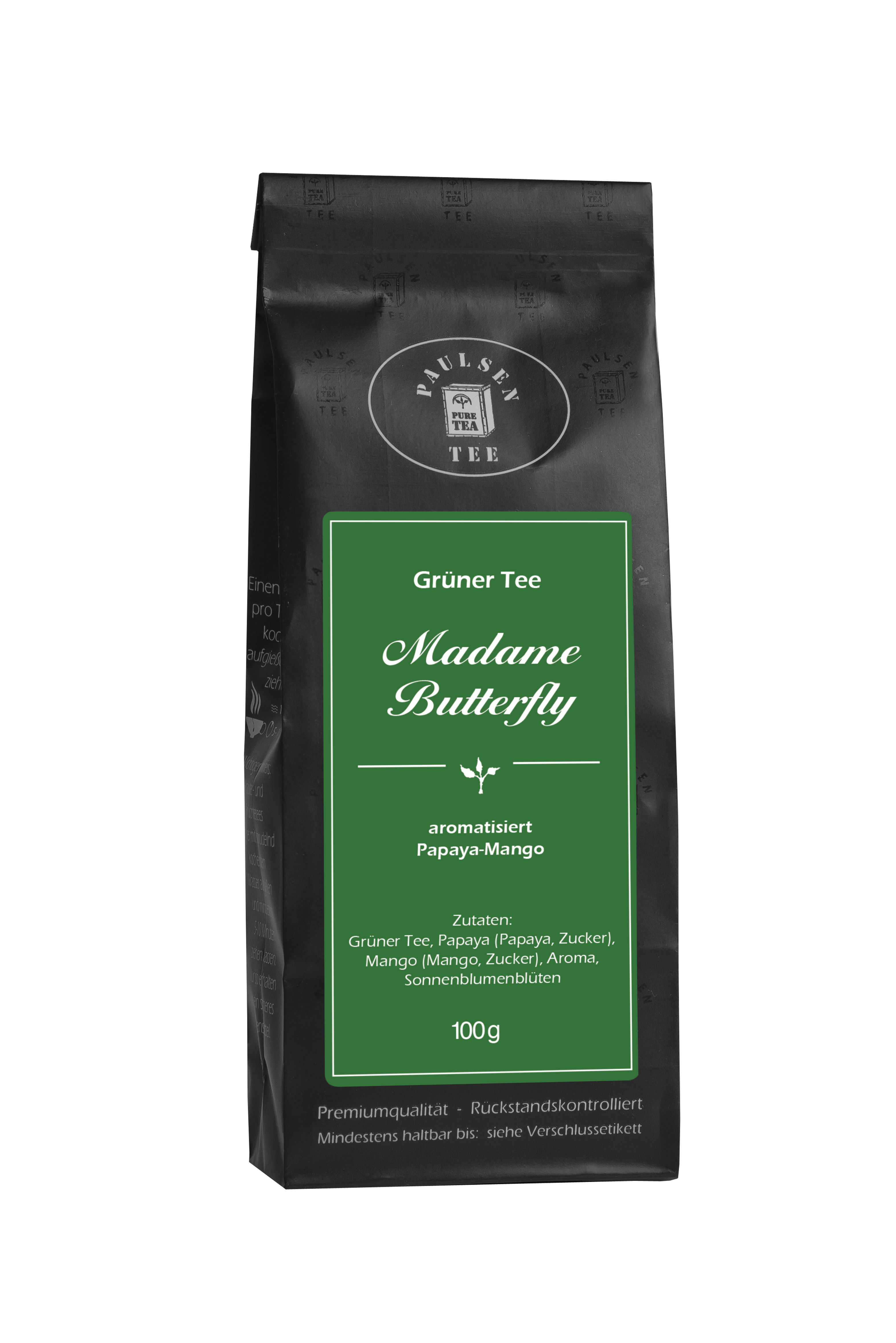 Schwarze Verpackung mit grünem Etikett. Text: Paulsen Tee, Grüner Tee, Madame Butterfly, aromatisiert Papaya-Mango, 100g.