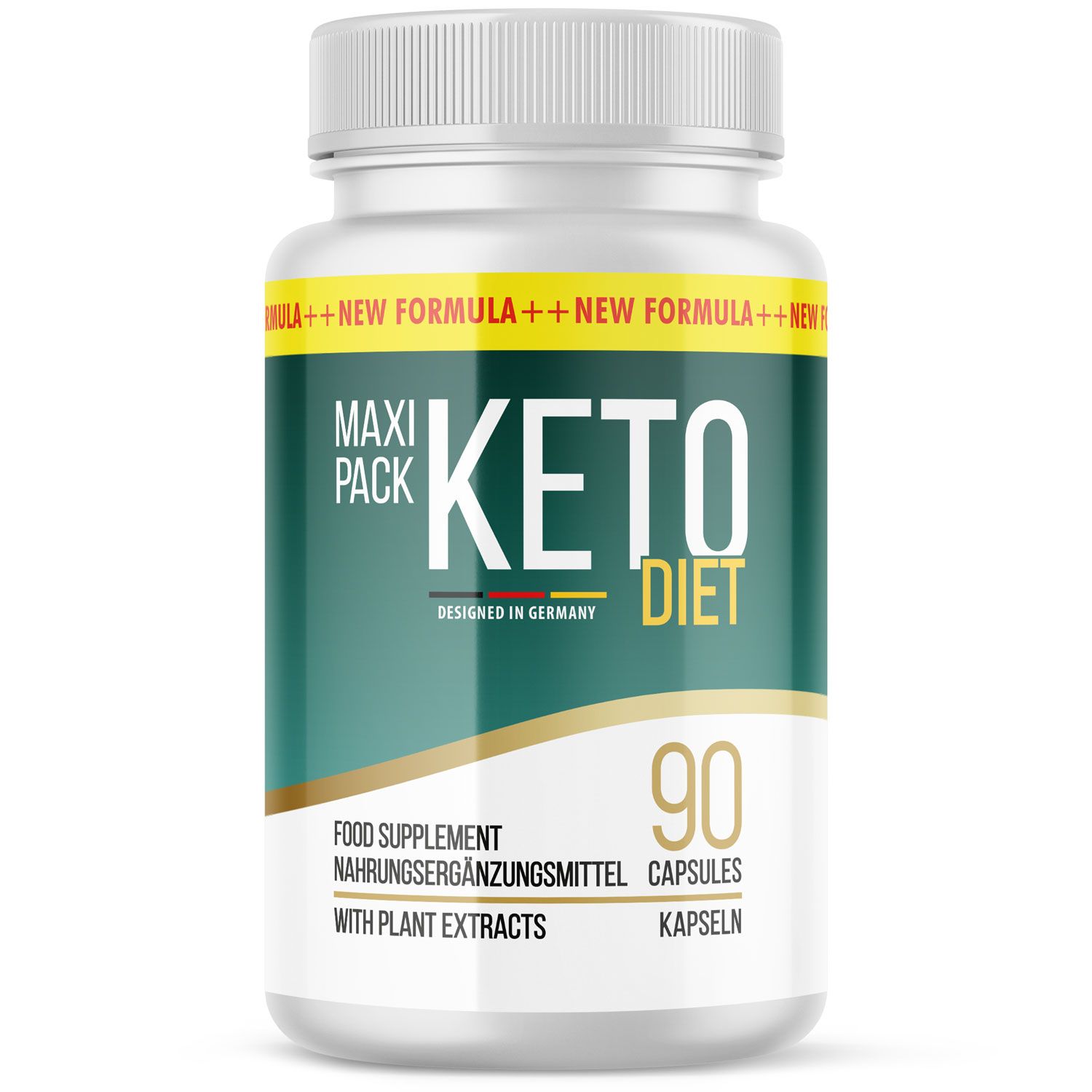 Weiße Kapsel-Dose mit grünem Etikett. Aufschrift: Keto Diet, 90 Kapseln. Mit gelbem Streifen: New Formula. Nahrungsergänzungsmittel.