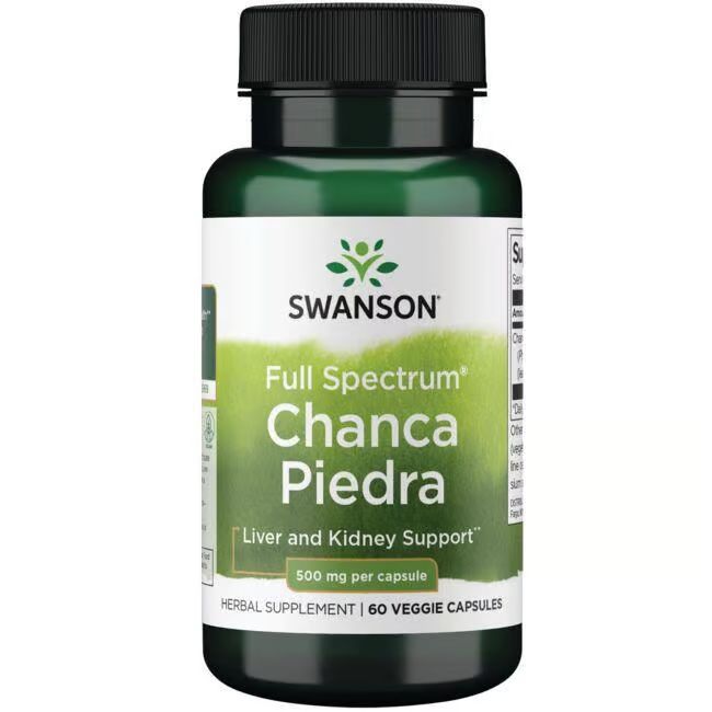 Grüne Flasche mit schwarzem Deckel. Aufschrift: SWANSON, Chanca Piedra, 500 mg pro Kapsel. 60 Veggie-Kapseln.
