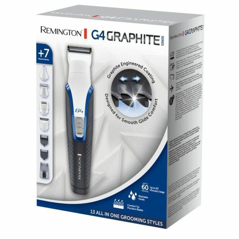 Verpackung des Haar-/Bartschneiders. Enthält Trimmer, Aufsätze, Produktabbildung. Text: G4 Graphite Series, Remington.