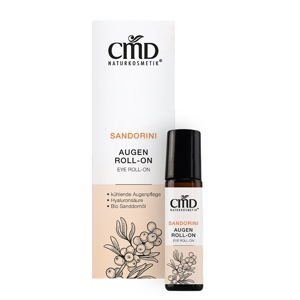 Augen Roll-On-Flasche und Verpackung. Aufschrift: CMD Naturkosmetik, Sandorini Augen Roll-On. Enthält Hyaluronsäure und Bio Sanddornöl.