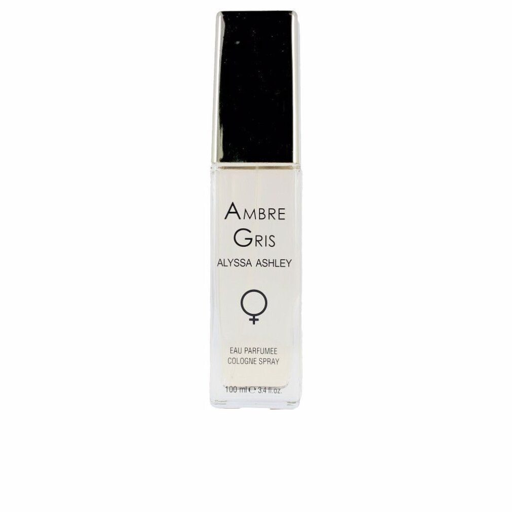 Alyssa Ashley Ambre Gris Eau Parfumee Cologne Spray, 100ml. Transparente Flasche mit schwarzem Verschluss.