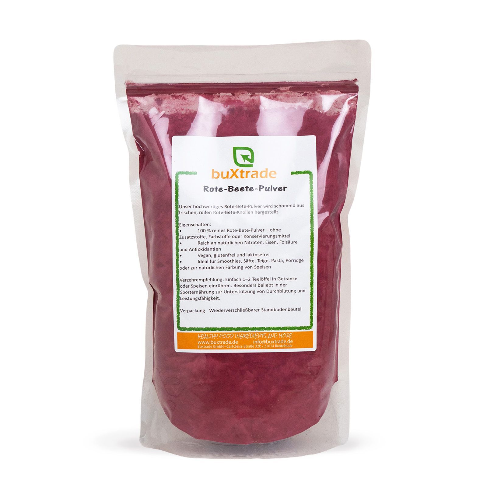 Verpackung von buXtrade Rote-Bete-Pulver. Transparente Tüte mit Etikett. Text in Deutsch.