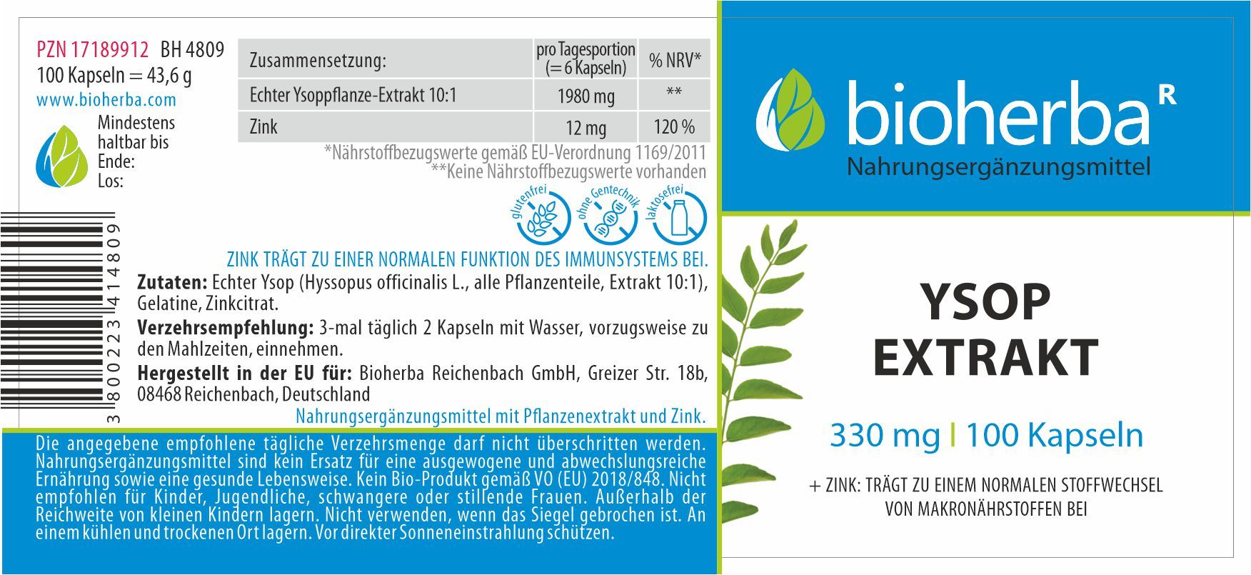 Etikett mit Produktinformationen. Enthält Text, Inhaltsstoffe und Logo. "Bioherba" und "Ysop Extrakt" sind sichtbar.