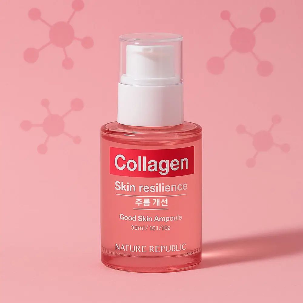 Rosa Glasflasche mit weißem Pumpverschluss. Aufschrift "Collagen Skin resilience" und "NATURE REPUBLIC".