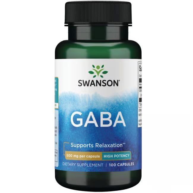 Grüne Flasche mit schwarzem Deckel. Aufschrift: SWANSON GABA, 500 mg pro Kapsel. 100 Kapseln.