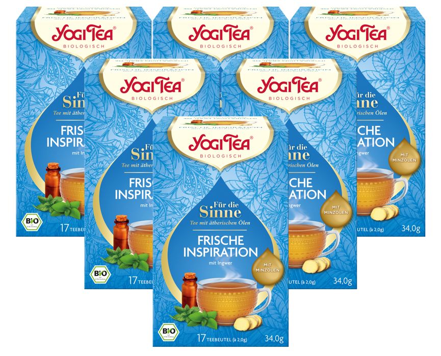 Mehrere Packungen Yogi Tea. Blaue Verpackung mit Logo und Aufschrift "Frische Inspiration". Bio-Siegel sichtbar.