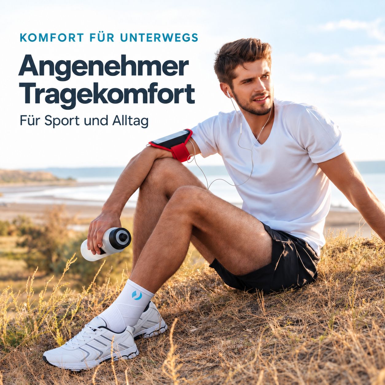 Mann sitzt im Freien mit Wasserflasche und Handy-Armband.