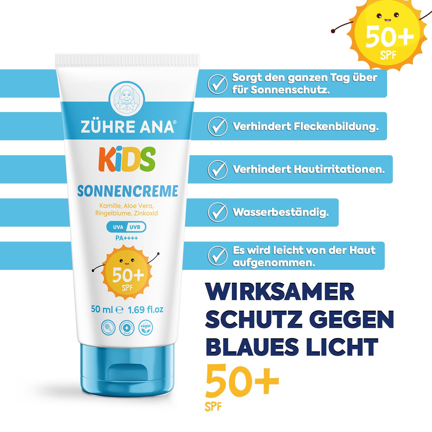 Zühre Ana Kids Sonnencreme LSF 50+ Tube mit Liste von Vorteilen wie Wasserschutz und leichter Absorption.